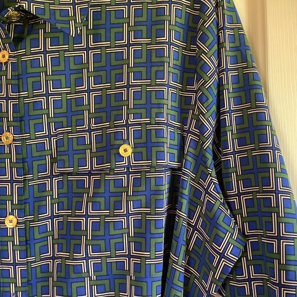 C. Wonder Midi Length Lattice Print Button Front Shirt Dress Blue/Green SZ 14 - Picture 8 of 16